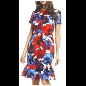MAGGY LONDON Flounce Sheath Dress in Red and Blue Florals - Size US 14